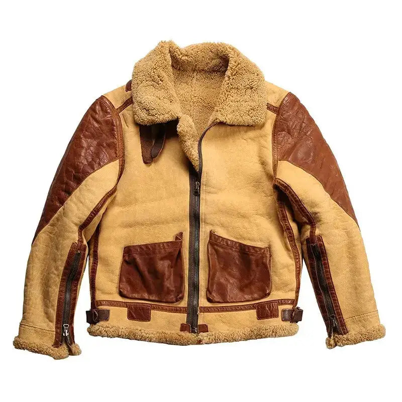 Men’s B3 Shearling Fur Casual Leather Bomber Retro Jacket Coat-0