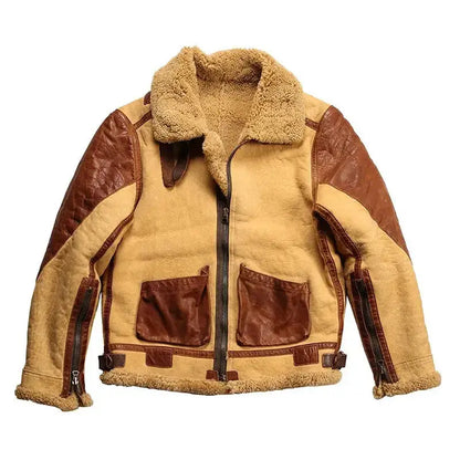 Men’s B3 Shearling Fur Casual Leather Bomber Retro Jacket Coat-0