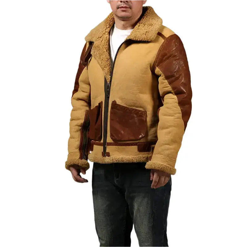 Men’s B3 Shearling Fur Casual Leather Bomber Retro Jacket Coat-1