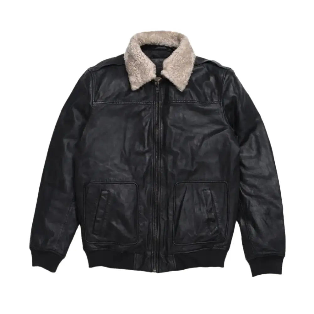 Mens Black Aviator Sheepskin Leather Bomber Jacket-0