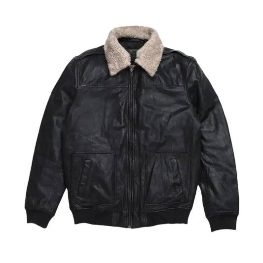 Mens Black Aviator Sheepskin Leather Bomber Jacket-0