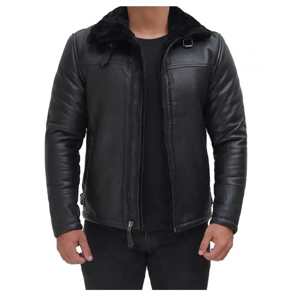 Mens Black Shearling Leather Bomber Jacket-0
