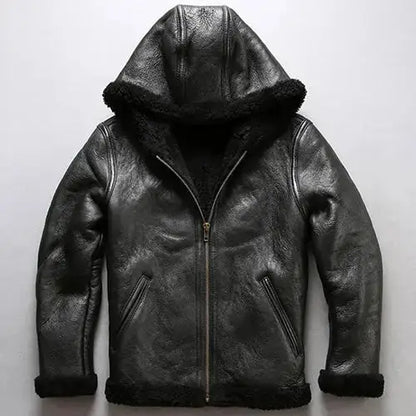 Mens Black Shearling Sheepskin Fur Hooded Coat-0