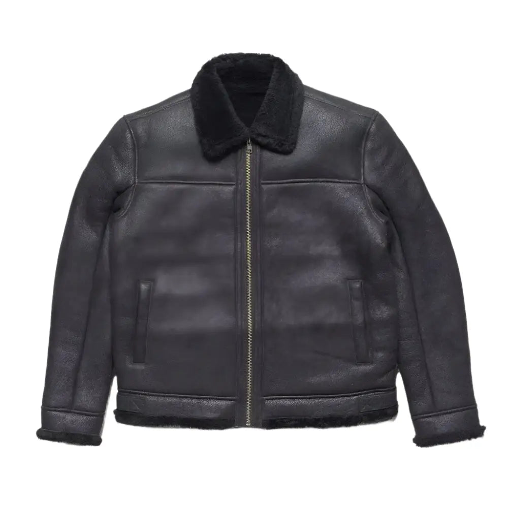 Mens Black Shearling Bomber Jacket-0