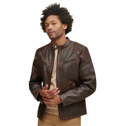 Mens Brown Leather Moto Jacket-0