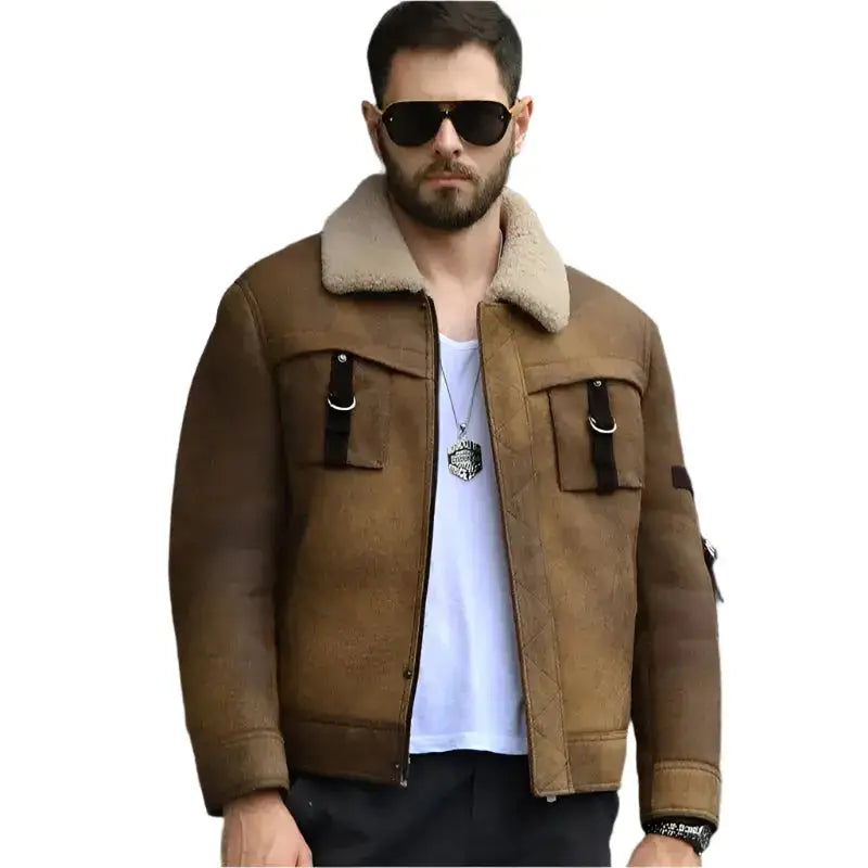 Men’s Brown Shearling B3 Bomber Jacket-2