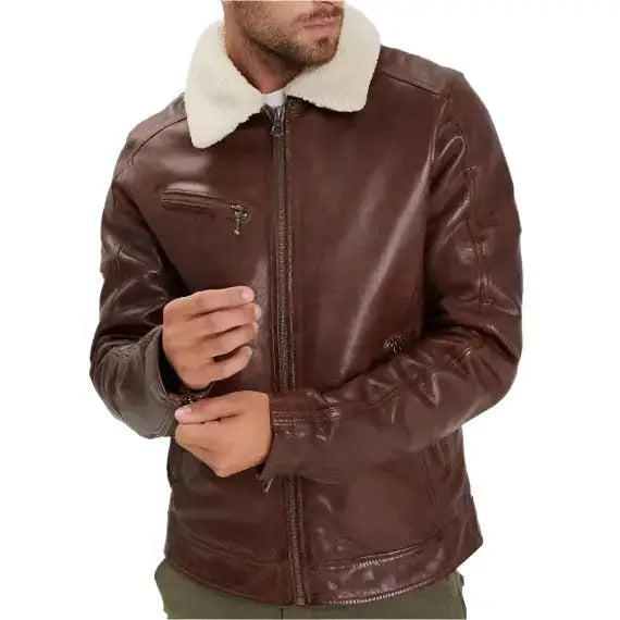 Men’s Brown Lambskin Leather Jacket with Faux Fur Collar-0