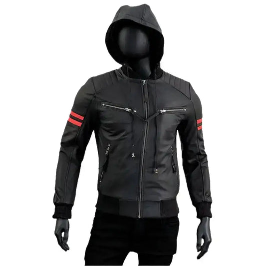 Men's Black Café Racer Leather Jacket with Removable Hood-0