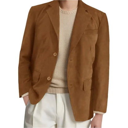 Mens Camel Brown Suede Leather Blazer-0