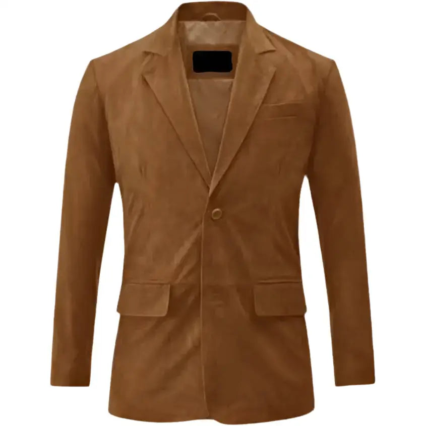 Mens Camel Brown Suede Leather Blazer-1