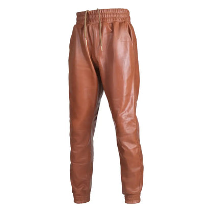 Mens Dark Brown Leather Rib Knit Pants