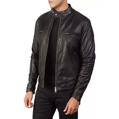 Men’s Quilted Black Leather Biker Jacket-2