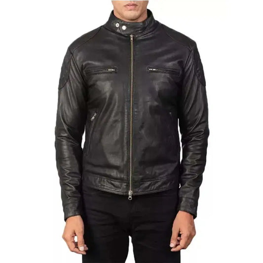 Men’s Quilted Black Leather Biker Jacket-0