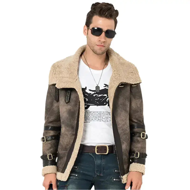 Men’s Gray Shearling Aviator Jacket-0