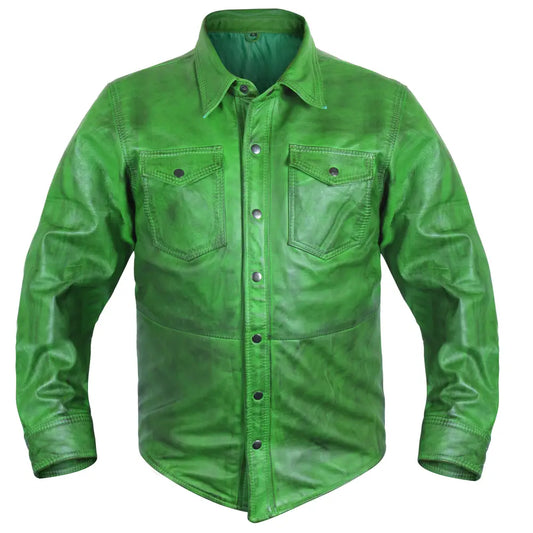 Men's Green Lambskin Leather Shirt-0