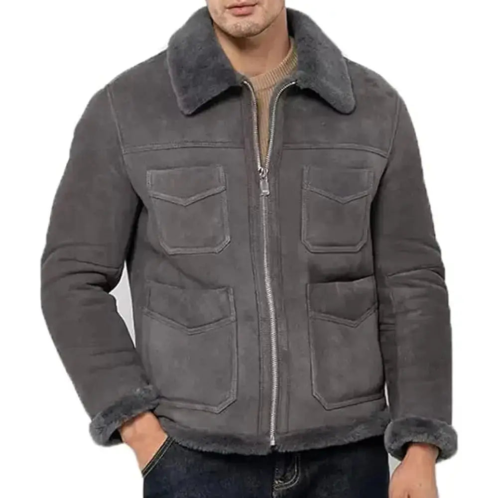 Men’s Grey Suede Shearling Aviator Jacket-0