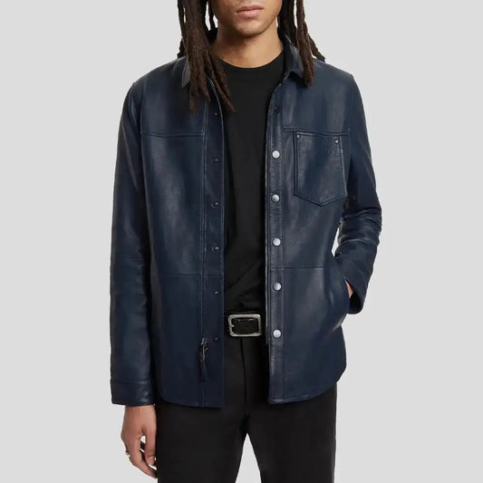 Men's Ink Blue Sheepskin Leather Shirt Jacket-0