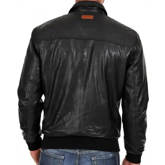 Mens Black Sheepskin Leather Bomber Jacket-1