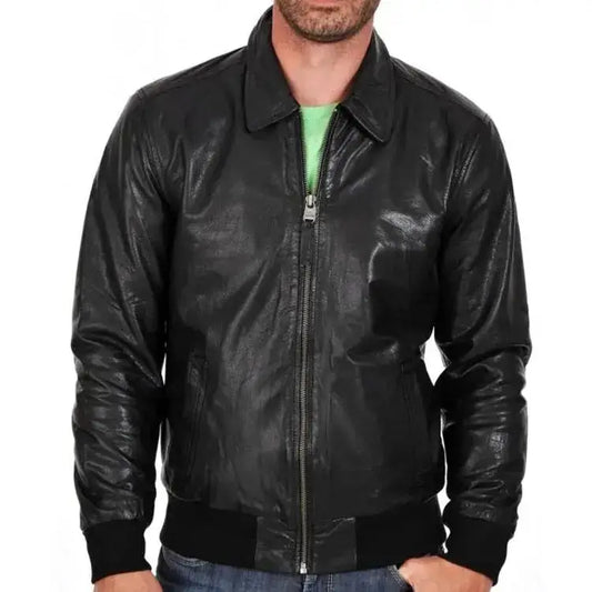 Mens Black Sheepskin Leather Bomber Jacket-0
