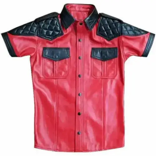Men's Red Lambskin Leather Police Shirt with Padded Shoulders-0