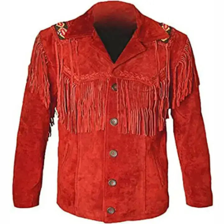 Men's Red Leather Fringe Cowboy Jacket-0