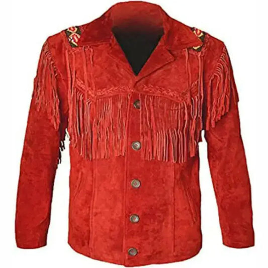Men's Red Leather Fringe Cowboy Jacket-0