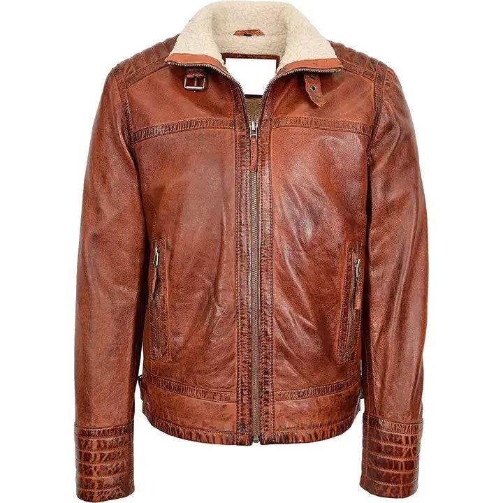 Mens Brown Leather Sherpa Jacket-0