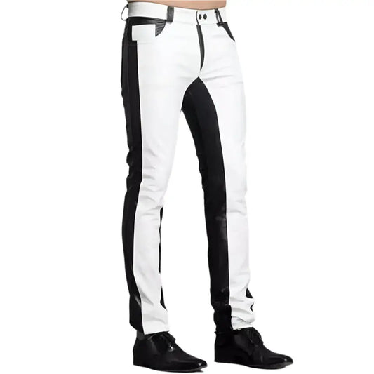Men’s Black & White Leather Biker Pants