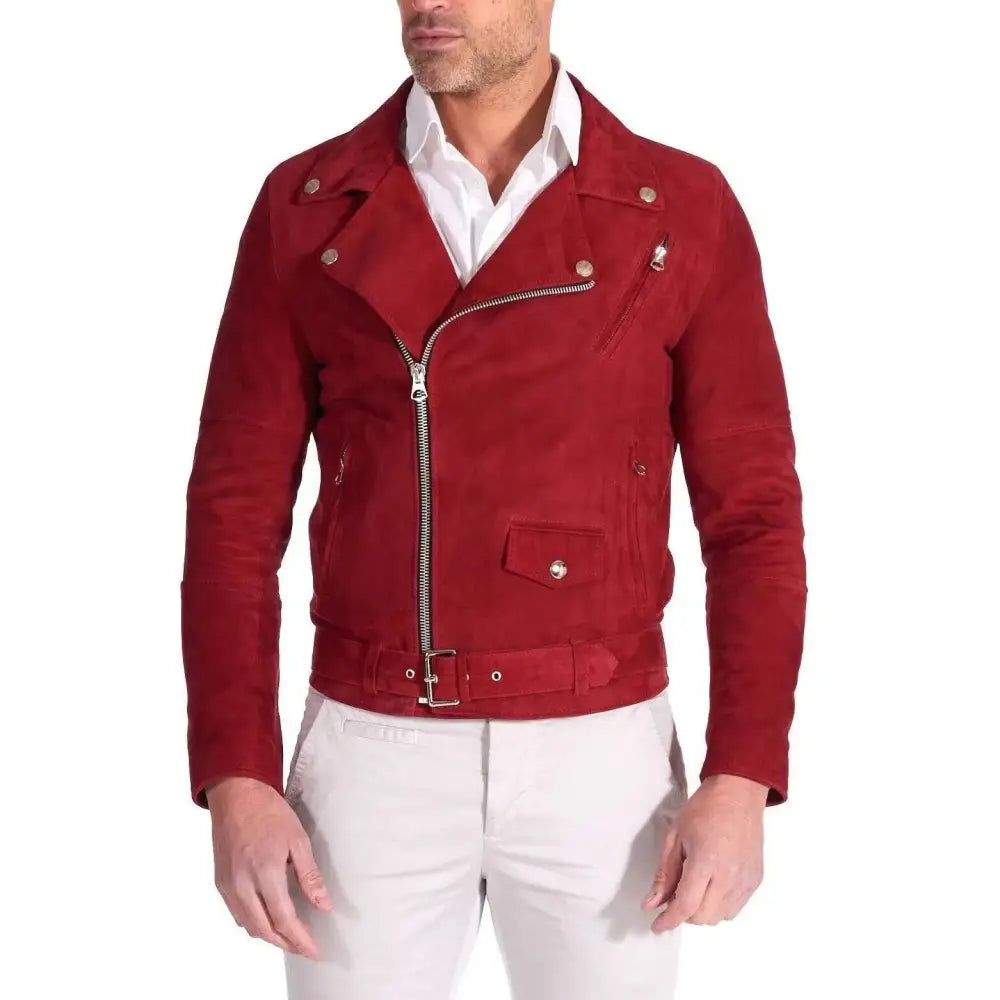 Men's Red Suede Leather Biker Jacket – Slim Fit-0