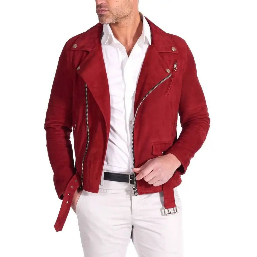 Men's Red Suede Leather Biker Jacket – Slim Fit-1