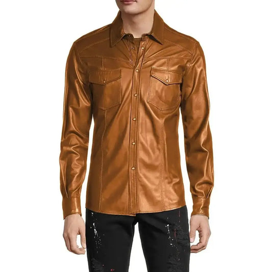 Mens Brown Leather Snap Shirt