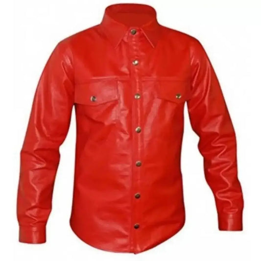 Men's Red Sheepskin Leather Shirt-0