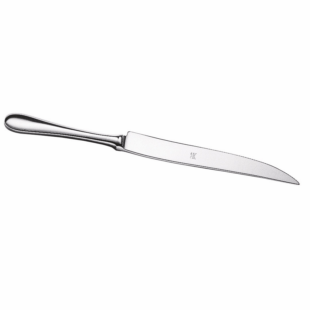 Carving knife with an 11 inch stainless blade and a matching stainless handle in one piece.