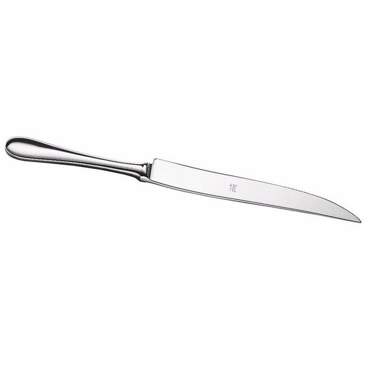 Carving knife with an 11 inch stainless blade and a matching stainless handle in one piece.