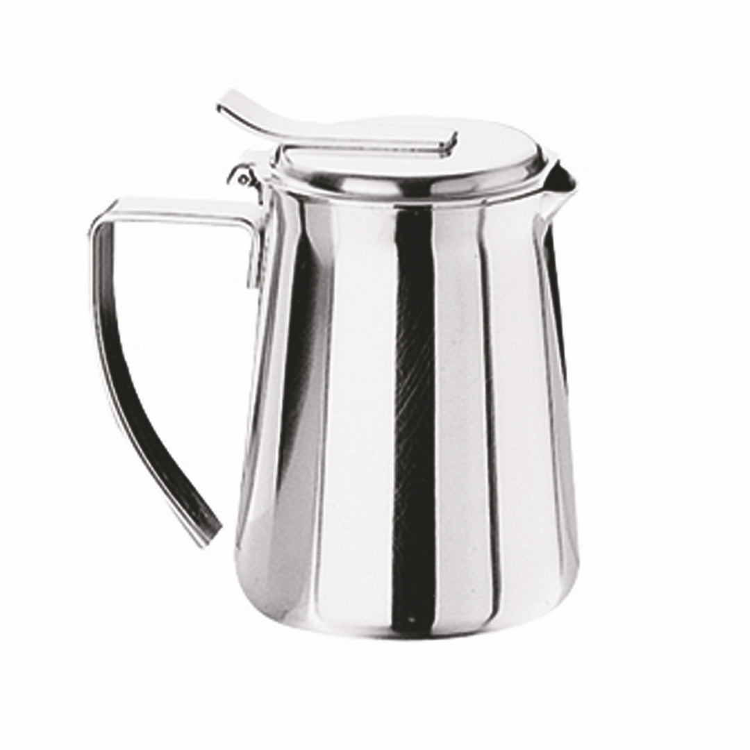 Stainless steel coffee pot holding 8.5 ounces, with a hinged lid and a narrow pouring spout.
