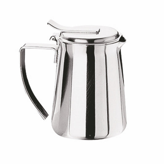 Stainless steel coffee pot holding 8.5 ounces, with a hinged lid and a narrow pouring spout.