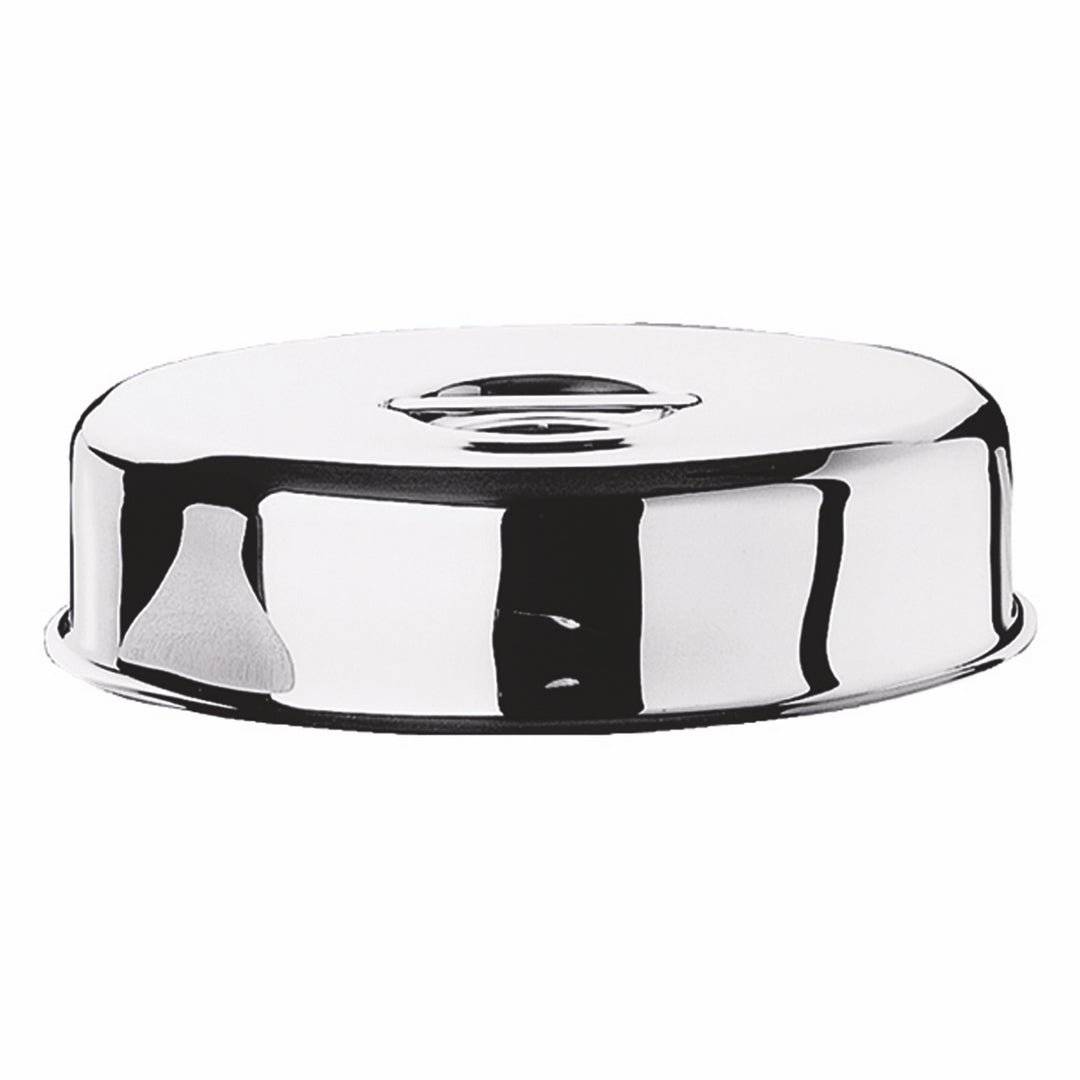 Oval stainless steel plate cover 13.75 inches long, domed with a knob at the top center.