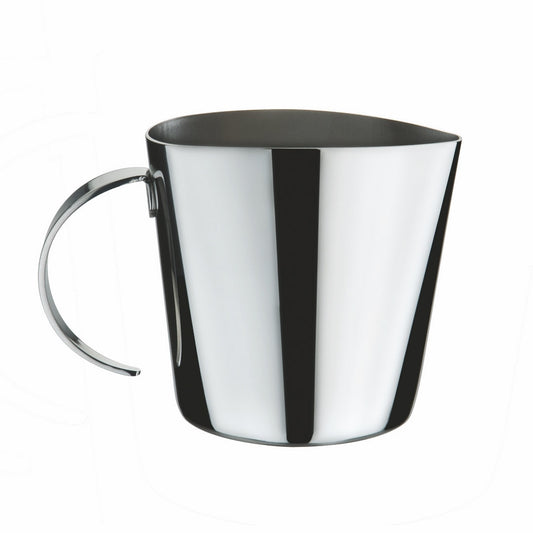 Stainless steel creamer holding 11.5 ounces, with a drawn spout and a loop handle.