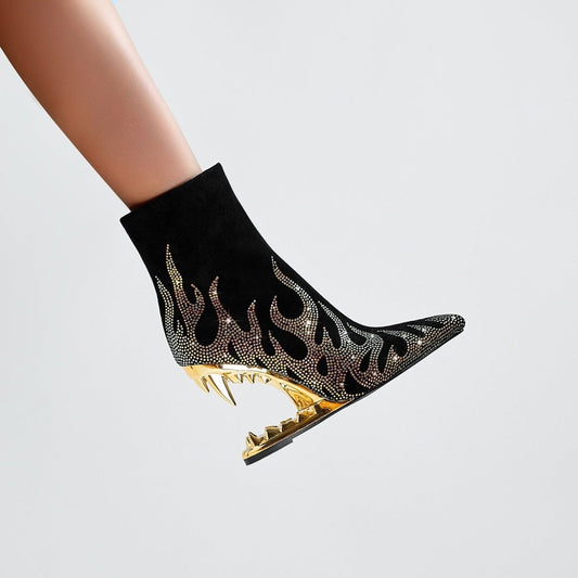 Metallic Flaming Down Bite Heel Black Ankle Boots-0