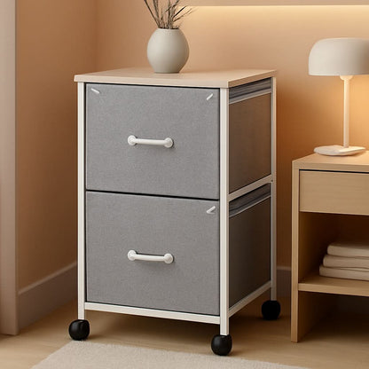 Light gray file cabinet with two fabric drawers under a wooden top on four wheels.