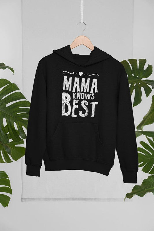 Mama Hoodie by Merch, digitally printed USA-made pullover hoodie, shown hanging in a tropical setting.