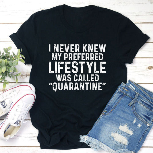 Black Heather cotton tee with the quarantine lifestyle slogan printed across the chest.