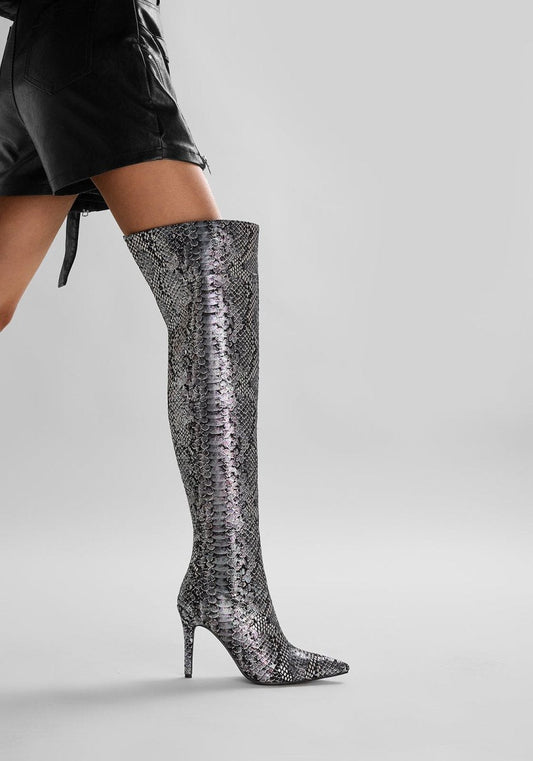 Mysterious Black Python Stiletto Knee High Boots-0