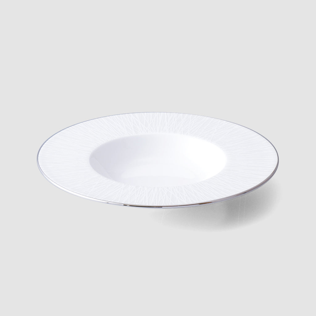 White soup plate 10 inches across, with a broad flat rim and a well sunk in the center.