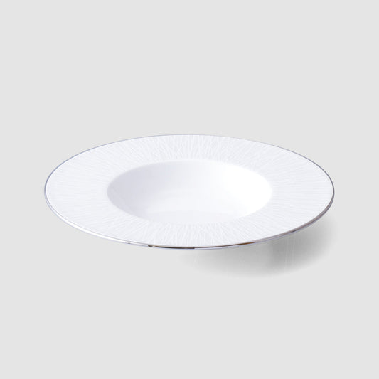 White soup plate 10 inches across, with a broad flat rim and a well sunk in the center.