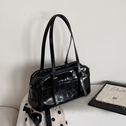 Oil-Wax Leather Boston Bowling Shoulder Bag – Vintage Boxy Toast Handbag-1