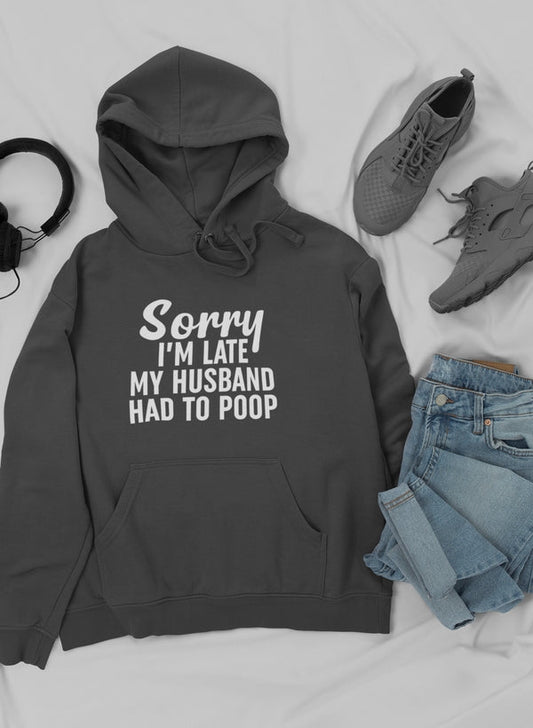 Merch Mom's Sorry I'm Late hoodie pull-over in a casual outfit with trendy sneakers and jeans, displayed in a stylish mockup image.