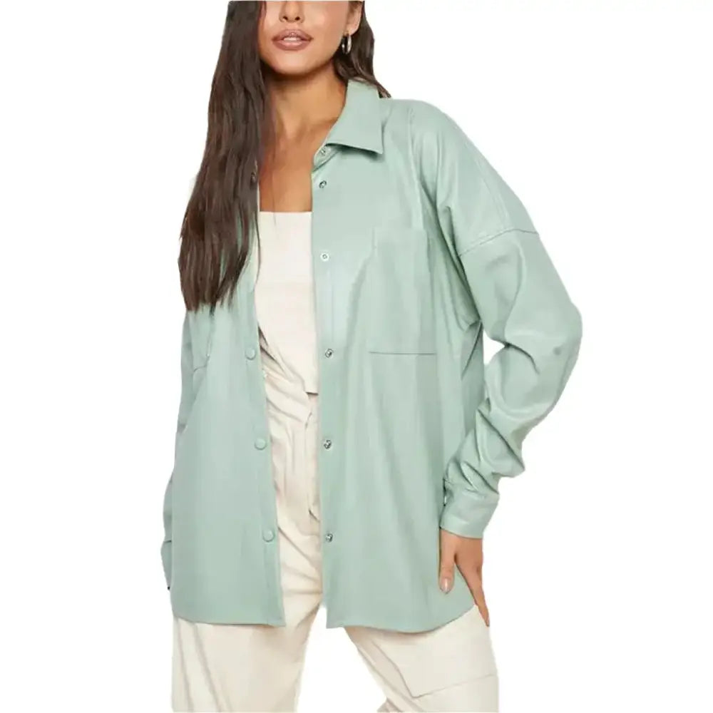 Women's Pastel Green Oversized Leather Shirt-0