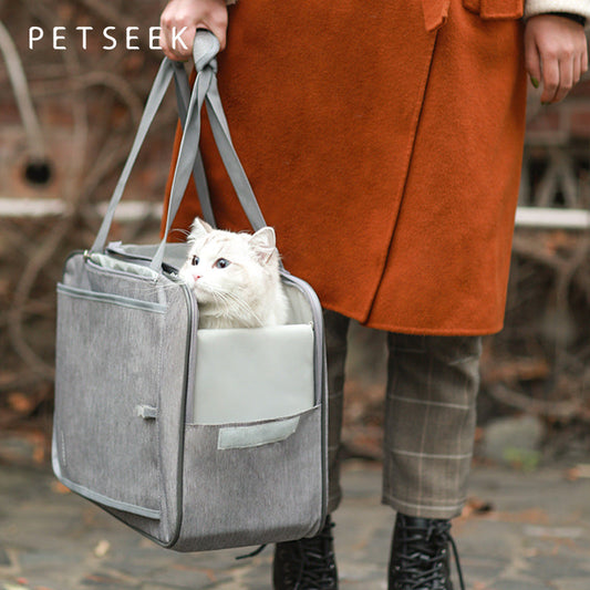 Clear bubble pet carrier handbag with side ventilation holes and twin carry handles.