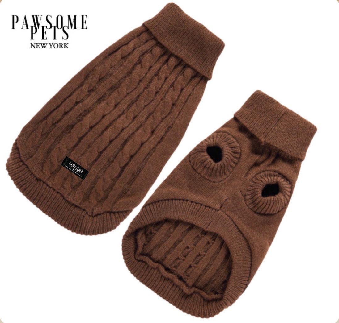 Chocolate brown cable knit dog sweater with a folded roll collar, shown from the back and from the belly side